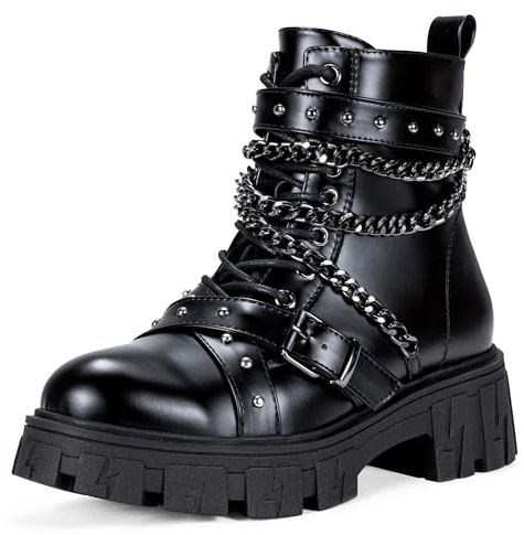 Jeossy Women's Black Combat Boots, Platform Motorcycle Boots with Chain Studded, Lace up Ankle Booties with Side Zipper, 9621 Size 9.5 (DJY9621 Black 09.5)