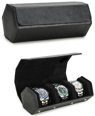 Hiram Uhrenrollen-Etui, echtes Leder, sechseckig, Reiseetui für 3 Uhren, schützende Uhren-Aufbewahrungsbox (schwarz)