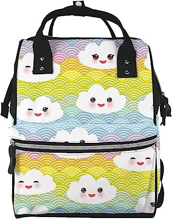 ARCOFF Weiße Wolken Rosa Japanische Welle Regenbogen Wickeltasche Windel Rucksack für Frauen Männer Mode Reisetaschen Casual Daypacks Rucksack, mehrfarbig, One size