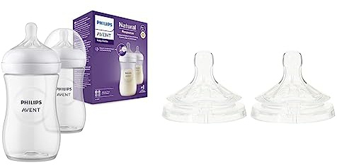 Philips Avent Babyflaschen Natural Response – 2x Babyflaschen, 260 ml, für Neugeborene ab 1 Monat, BPA-frei (Modell SCY903/02) & Avent Natural-Sauger (Modell SCF044/27)