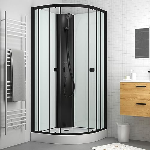 Cabina de ducha 1/4 círculo 85x85x200 cm - Puertas correderas - Fondos Blancos y Perfiles Negro Mate