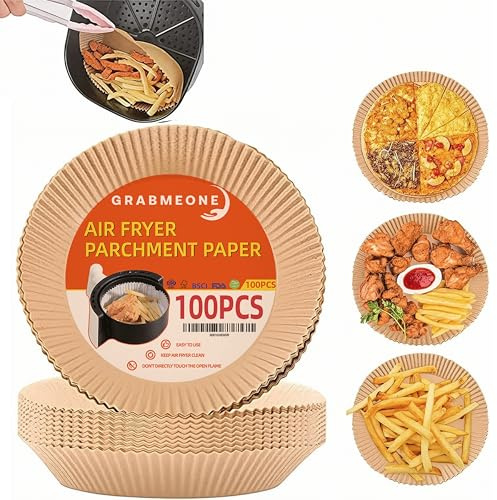 Round Air Fryer Liners Disposable 100Pcs - Air Fryer Liners Round 8 inch for Ninja, Tefal and More - Disposable Parchment Paper Liners for Air Fryers | High-Temperature Resistant and Unbleached