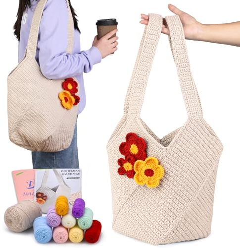 Deudy Pnytty Häkeltaschen-Set für Anfänger, komplettes Starter-Set mit Garn, Haken und Schritt-für-Schritt-Video-Tutorials, DIY-Umhängetasche, Bastelgeschenk für Erwachsene (Beige)