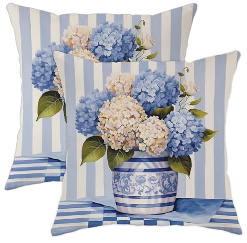Juego de 2 fundas de cojín con diseño floral de hortensias, diseño de flores, clásico, elegante, vintage, rosa, granja, terciopelo azul, suave, para mujer, decoración de sala de estar, dormitorio
