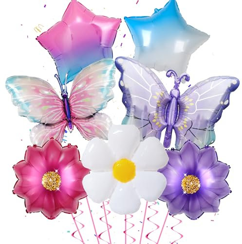 Lila Schmetterlingsthema Blumen Folienballon - 7 Stück Schmetterling Geburtstag Deko Lila Schmetterling Ballon Stern Folienballon Blumenballon für Mädchen Schmetterling Party Kinder Geburtstag Deko