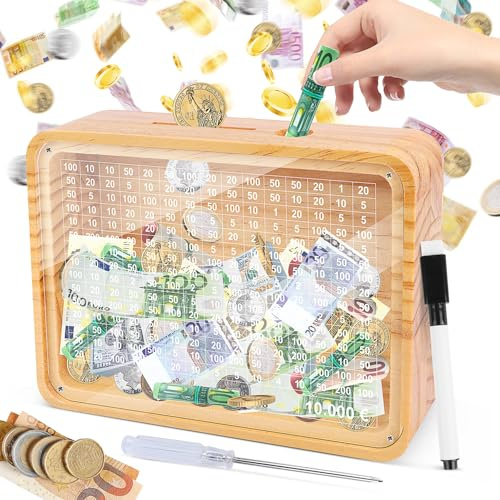 Spardose Holz mit Zähler Ankreuzen Sparbox mit Zahlen mit Sparziel 10,000 Euro Sparschwein Geldsparbox Spar Box Nicht zum Öffnen Deine Sparbüchse mit Sichtfenster für Erwachsene und Kinder