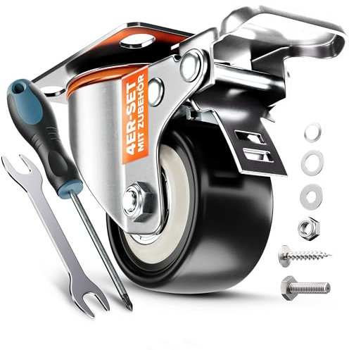 PEARWAY™ Roulettes robustes de qualité supérieure - Jusqu'à 320 kg - 4 freins - Roulettes pivotantes pour meubles - Roulettes pivotantes de 50 mm pour l'intérieur et l'extérieur - Roulettes de