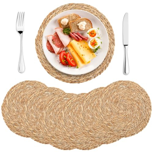 12 Stück Geflochtene Runde Ttischsets 35 cm Weich Platzsets Geflochten Platzset aus Seegras - Wasserhyazinthe Platzset Rund Gewebt Untersetzer Isolierpads für Drinnen Draußen (12Pcs35)