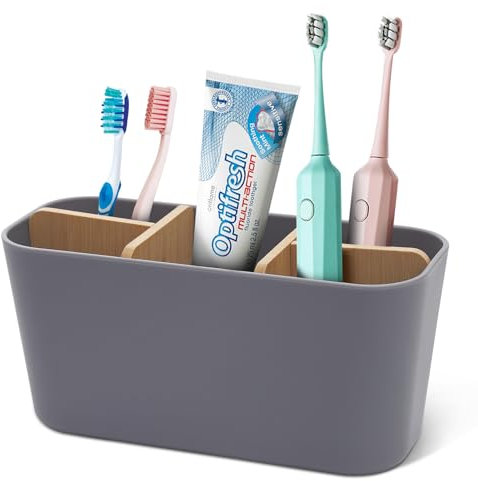 Votoko Toothbrush Holder, Kunststoff Zahnbürstenhalter mit Bambus Trennwände, Zahnbürstenständer mit 4 Zahnbürstenfächer +1 Zahnpastafach, Elektrische Zahnbürste Organizer für Bad Büro Familie, Grau