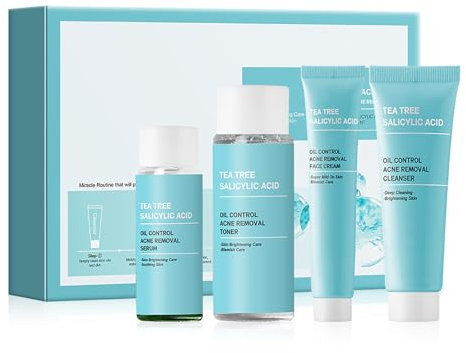 Tea Tree Acne Skin Care Sets & Kits - Salicylic Acid Acne Removal Skincare Set - Teen Skincare Gift Set With Cleanser, Toner, Serum, Cream - Complete Acne Treatment Kit for Oily, Acne-Prone Skin