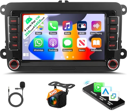 2G+64G Android 15 2 Din Car Stereo for VW Golf 5 MK5 MK6 Passat B6 Polo with Wireless Carplay Android Auto, GPS Navi WiFi 7 Inch Touch Screen Bluetooth Car Radio FM/RDS + Reverse Camera Mic