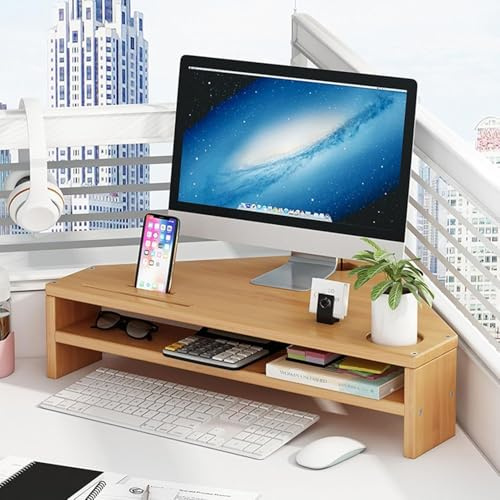 Bambu Hörn Bildskärmsstativ, Ergonomiskt Skrivbord Triangel Skärmhöjare Med 2 Nivåer Lagring, Hög Belastningskapacitet Skrivbordsorganisatör Hylla För Skrivare/Pc, Natural