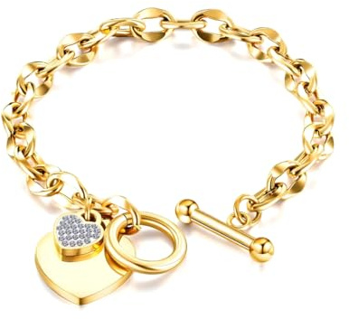 MGJ™ Crystal Heart Charm Toggle Bracelet for Women – Hypoallergenic Silver/Gold/Rose Gold Jewellery Gift for Her | Includes Premium White Gift Box & Bag