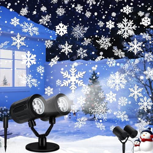 Glowlit Weihnachten Projektor Aussen Doppelter Kopf Dynamische LED Schneeflocken Projektor Außen mit Timer Weihnachts Projektorlicht Innen Wasserdicht für Garten Fenster Wand Hof Weihnachtsdeko