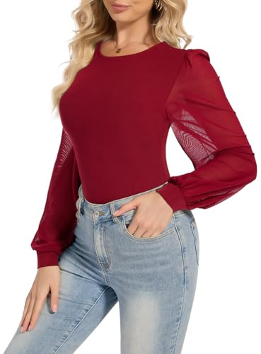SHAPERIN Body Manga Larga Mujer Cuello Redondo Elegante Blusa con Manga Farol Body de Malla Going Out Tops, Rojo Vino, XL