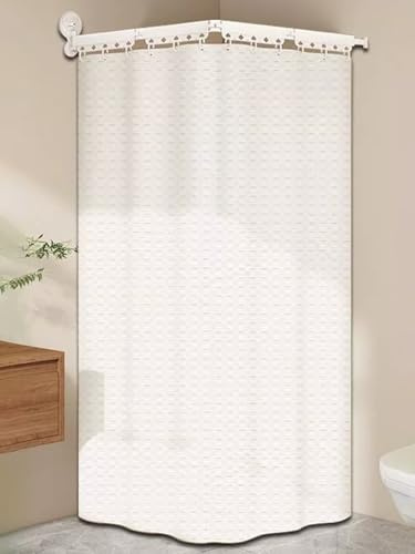 Vattentätt våffla hopfällbart duschdraperi med justerbara sugkoppstänger för badrum hörnbadkar – infällbar L/U/diamantformad (beige 129 cm / 50,8 tum)