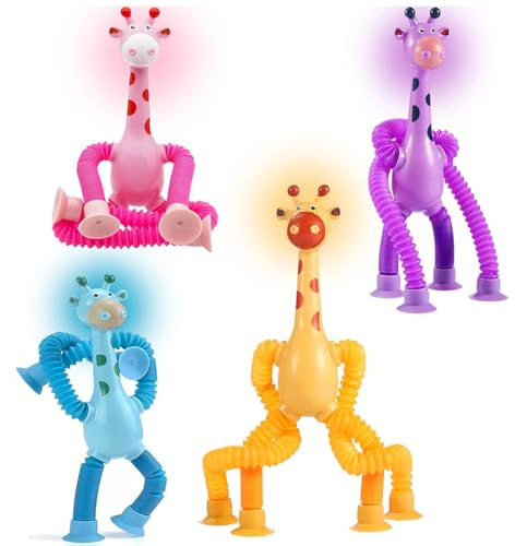 AONAT 4 Stück Saugnapf Spielzeug Kinder Tiere, Teleskop-Saugnapf-Giraffe-Spielzeug, Telescopic Suction Cup Giraffe Toy, Lustiges Pädagogisches Stressabbau Sensorisches Fidget Spielzeugs für Kinder