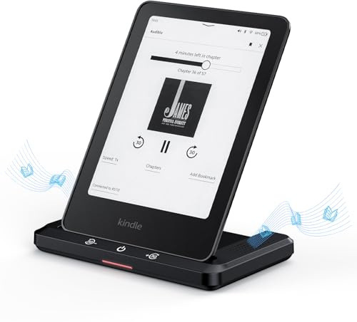 Wireless Charging Dock with Speaker for Audiobook, Wireless Charger Compatible with Kindle Paperwhite Signature Editions 32GB (2022&2024) and Kindle Colorsoft Signature Edition(32GB), iPhone, Samsung | Compatible with iPhone,Kindle Paperwhite Signature Editions 32GB (2022&2024),Colorsoft Signature Edition(32GB), With Adapter