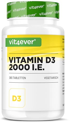 vit4ever Vitamina D3 2000 UI Alta Dosificación - 365 Comprimidos - 50 µg (2.000 UI) Colecalciferol - Suministro de Larga Duración - Sin Aditivos Innecesarios