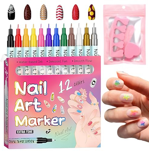 HEUIOP 12 Colors 3D Nail Art Pens Set, 0.5MM Nail Polish Pens, Quick Dry Waterproof Nail Polish Markers for Women Girls for Nails Drawing Painting Art Design