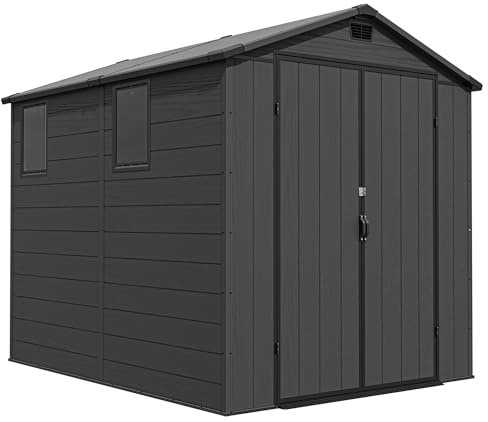 TRIUMPHKEY 6x8 Gartenhaus Kunststoff, 185x240x210 cm Kunststoff Gerätehaus mit Boden, Geräteschuppen, Fahrradschuppen mit Abschließbar Tür, Wetterfest für Terrasse, Rasen und Garten, Dunkelgrau