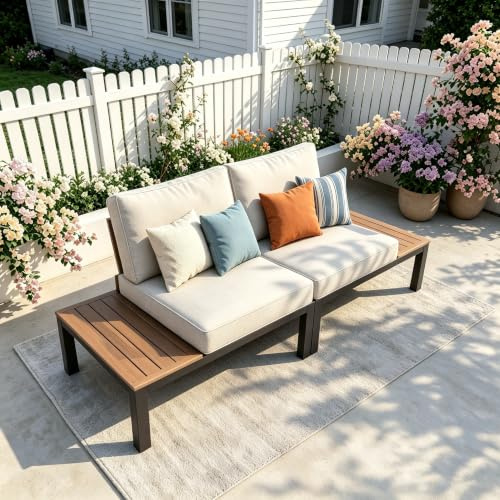 PHI VILLA 2 Sitzer Gartenmöbel Set Balkonmöbel mit Beistelltisch, Klein Metall Lounge Möbel Outdoor Gartenlounge Terassenmöbel Außen Gartensofa