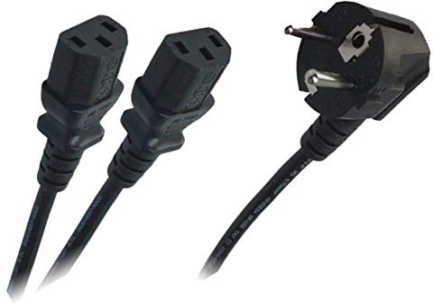Y-Netzkabel Schuko gewinkelt auf 2X C13 Buchse 1,5 m Kaltgerätekabel | 1 Schuko-Stecker auf 2 C13-Kaltgerätebuchsen, rechts abgewinkelt, ideal für PC, Monitor, USV und Server
