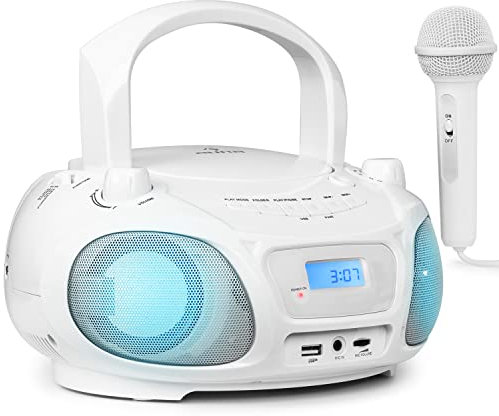 AUNA Roadie Sing - Appareil karaoké, Système Karaoke Complet, Lecteur CD, Port USB, MP3, Radio FM, Bluetooth 3.0, Eclairage LED, Fonctionnement sur Piles ou Secteur, Fonction Sing-A-Long - Blanc