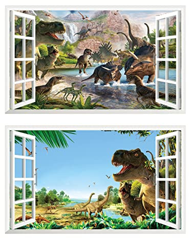2Pcs Dinosaurier Dino Urzeit T-rex Wandtattoo 3D Effekt XXL Wanddurchbruch Fenster Wandaufkleber für Kinderzimmer Jungenzimmer Groß 1000mmx600mm