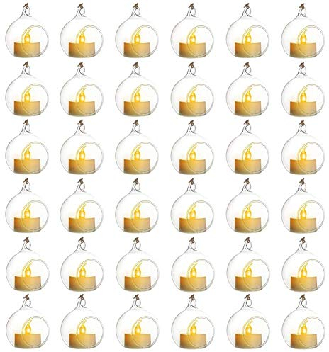 Sziqiqi 36 Pièces Bougeoir en Verre Suspendu, Pendentif en Verre Équipé De Bougies LED, Décoration Aux Chandelles pour Table De Mariage Fête, Décorations De Noël Saint Valentin, Transparent