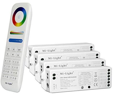 LIGHTEU®, Milight Miboxer Kit Mando a Distancia: pack de 4x 5en1 controlador de tira LED inteligente y un mando a distancia de 8 zonas 4x LS2 + FUT089