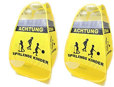 Hochwertiges ACHTUNG Spielende Kinder Pop Up 2er Set - Original Protecticure Aufsteller/Warnwürfel/Straßenwarnschild/Figur für die Sicherheit von Kindern auf der Straße - Langsam Fahren