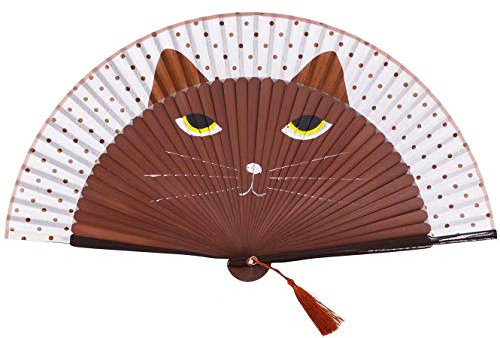 Damen Faltbarer Handfächer Süße Katze (Schwarz, Braun, Gelb) faltbar Seide Handfächer Geeignet für Hochzeitstanzen, Kirchen, Party-Geschenke braun
