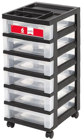 Iris Ohyama MC Kunststoff-Aufbewahrungsschublade, Rollwagen mit Organizer-Deckel, schwarz, 6 Drawer