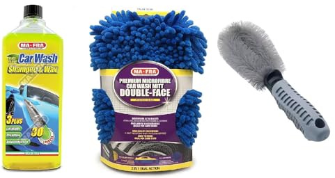 HITOPSELLER® KIT MAFRA Car Wash Shampoo e Cera + Guanto Double Face lavaggio auto autolavaggio pulizia auto + SPAZZOLA per pulizia cerchioni in OMAGGIO