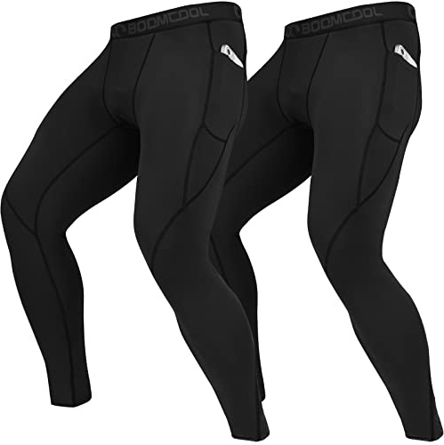 BOOMCOOL Kompressionsbyxor för män med fickor, löpartights för män leggings träning torr baslager gym atletiska yogabyxor, Svart ochsvart, S