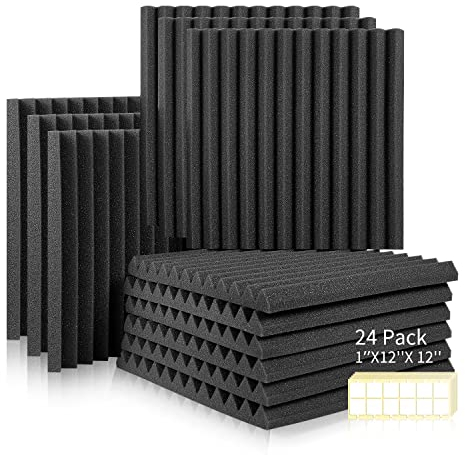 Lot de 24 Panneaux de Mousse Acoustique, Mousse Anti bruit Panneaux Acoustiques, ignifuges Autocollante, pour Podcasting, Studios d'enregistrement, Bureaux, adhésif double face, 30 x 30 x 2,5 cm