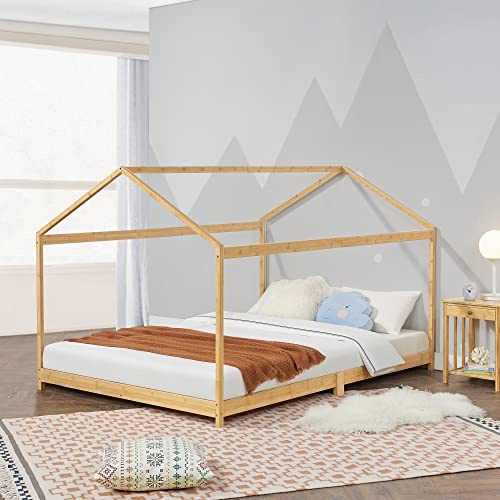 [en.casa] Letto per Cameretta a Forma di Casetta con Zona di Riposo 120 x 200 cm Letto 1 Piazza e Mezza per Bambini Struttura in Bambù color Naturale