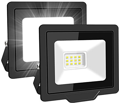 SKYWORLD Projecteur LED extérieur 10W, Lumière de Travail 1000LM, Blanc froid Lumière du Jour, Éclairage de Sécurité, Étanche IP66 pour Jardin, Cour, Pelouse, Aire de jeux, Stade (2 pièce).