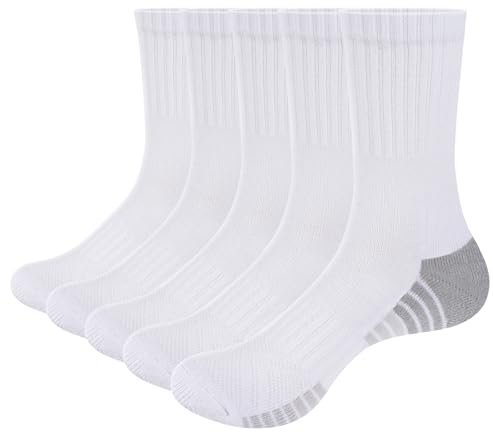 YUEDGE Mens Cushioned Athletic Crew Socks Moisture Wicking Black White Cotton Cycling Running Sports Socks for Men Size 5-12, 5 Pairs