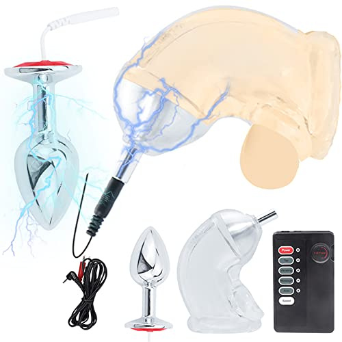 ScreaAss Elektrische Stimulation Peniskäfig Mit Eichel-Stimulator Und Elektro Schock Analplug Und Fernsteuerung, Weich Silikon Penismanschette Keuschheitsgürtel E-Stim Reizstrom-Geräte Sex Toys,B,Set