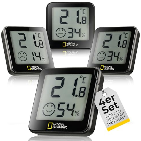 Set di 4 Termo Igrometri NATIONAL GEOGRAPHIC, Monitoraggio Preciso dell'Umidità e della Temperatura Interna, Ideale Contro Aria Interna Secca e Muffa