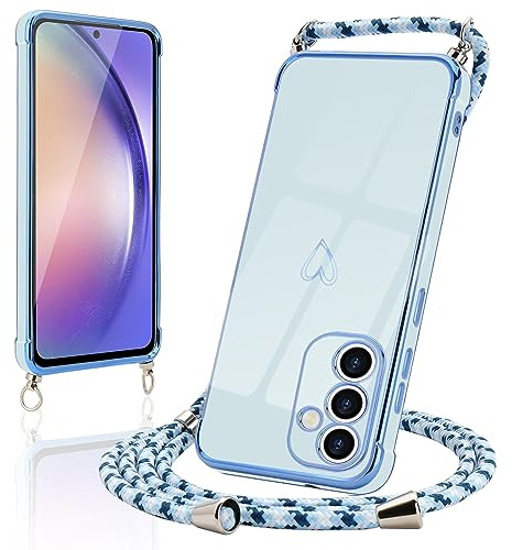 Micoden Collana per cellulare compatibile con Samsung Galaxy A54 5G Ultra Sottile Protezione per fotocamera Cuore Love Design Galvanik TPU Silicone Bumper Cordoncino da appendere Custodia con nastro,