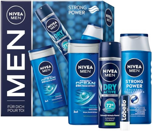 NIVEA MEN Strong Power Geschenkset, Pflegeset mit erfrischenden Pflegeprodukten, Geschenkbox mit Fresh Ocean Duschgel, Dry Active Deo Spray, Strong Power Shampoo und Labello Men Active Lippenpflege