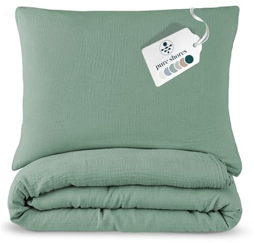 pure shores - Musselin Bettwäsche 135x200 | Bettwäsche 135x200 Baumwolle | Bettwäsche-Sets | 100% Bio mit GOTS | Reißverschluss | Bettwaren | Bedding Set | 2 Kissen 80x80 | Ozean-Grün