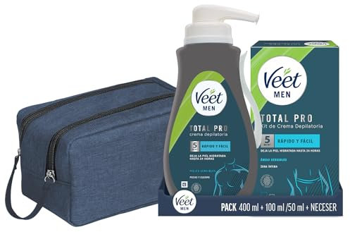 Veet Men Crema Depilatoria Corporal para Hombre, para Pieles Sensibles, 400 ml y Kit para Depilar la Zona Íntima 100 ml y 50 ml, Neceser de Regalo