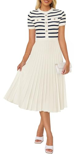 ZESICA Women Striped Crewneck Short Sleeve Elegant Midi Dress Beige XL