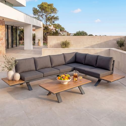 Mendler Garten-Garnitur HWC-M62 - Gestell anthrazit, Polster dunkelgrau | Sitzgruppe, Garten-/Lounge-Set, Sofa, Holzoptik, Aluminium