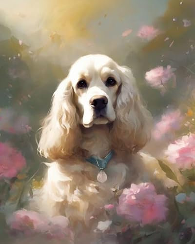 ZMHZMY Malen nach Zahlen Cocker Spaniel und Blumen Painting by Numbers Kit DIY ölgemälde Kit für Erwachsene,Anfänger Painting Set 16x20 Zoll Leinwanddruck Wandkunst Dekoration