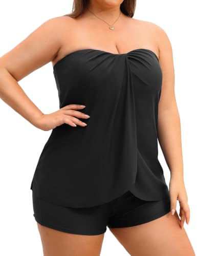 Daci Plus Size Bandeau Tankini Swimsuit for Women Two Piece Halter Swim Top with Shorts Flyaway Tummy Control Bathing Suits Black 18 Plus